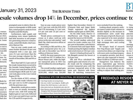 Condo resale volume drop 14% in Dec , prices continue to rise