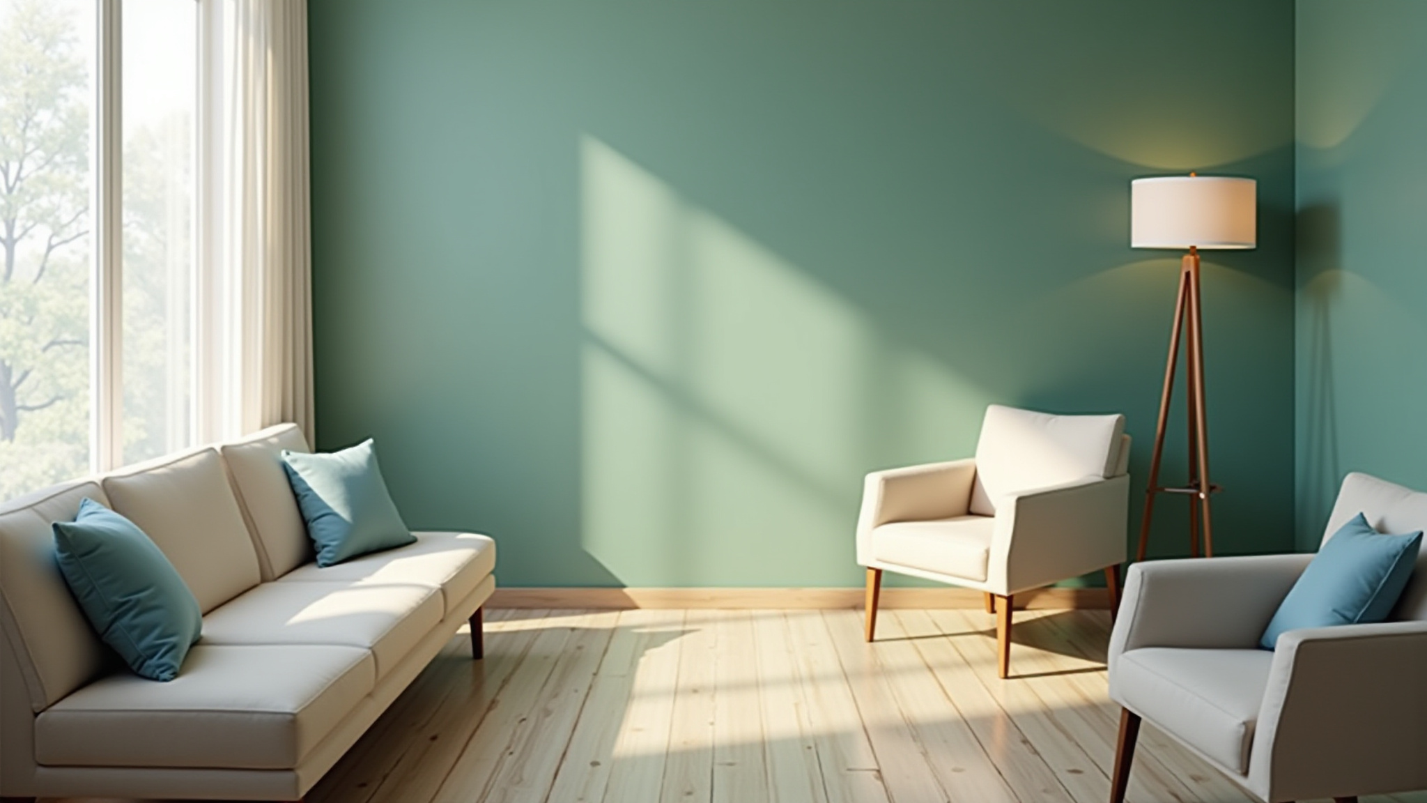 Minimalist living room with green walls and light furniture.