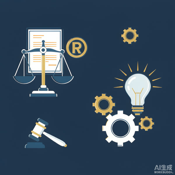 專利商標律師概念圖：天秤、專利文件、商標符號與法槌