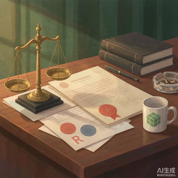 香港知識產權律師概念圖:天秤、商標證書與法律書籍