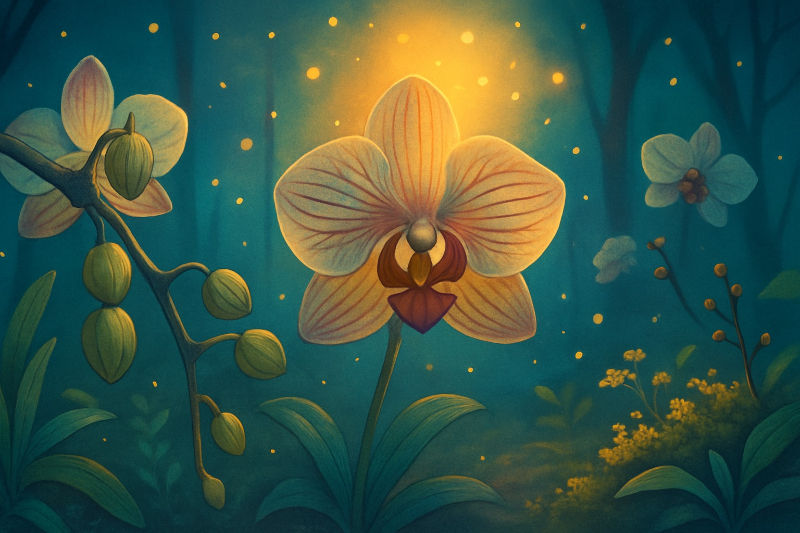 Magical forest scene with orchids