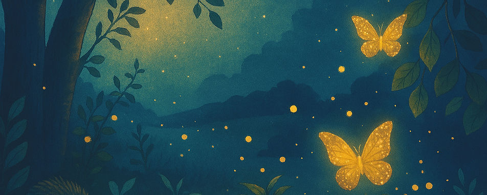 Magical forest scene with glowing butterlies and fireflies