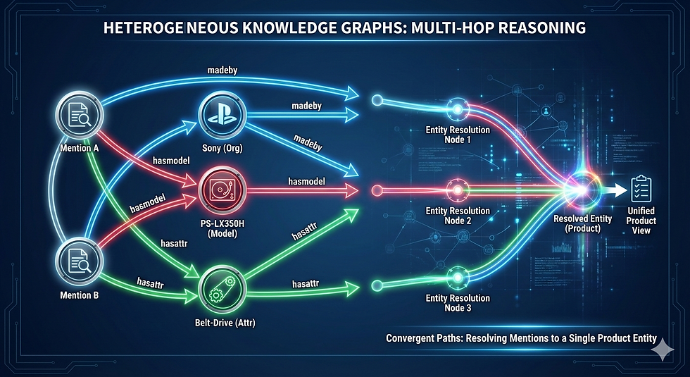 Heterogeneous knowledge graph diagram showing product entity resolution with typed nodes (mentions, organizations, models, attributes) 
connected by colored relationship edges (madeby, hasmodel, hasattr). Multiple convergent paths highlighted between two mentions, 
illustrating multi-hop reasoning for entity matching.