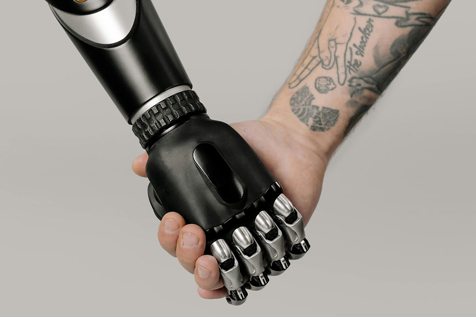 Symbolic handshake between human and AI, representing joint progress.