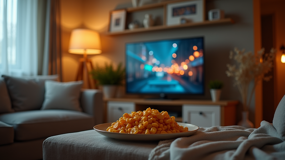 Eye-level view of a cozy living room with a TV and snacks for binge-watching