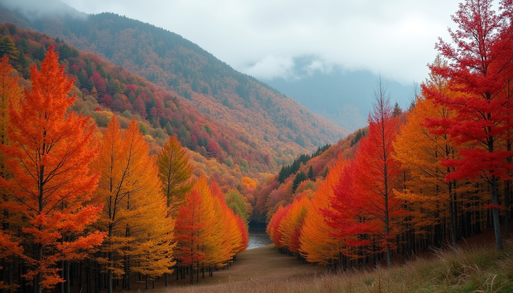 中景視角拍攝的北海道秋季楓葉林，色彩鮮豔