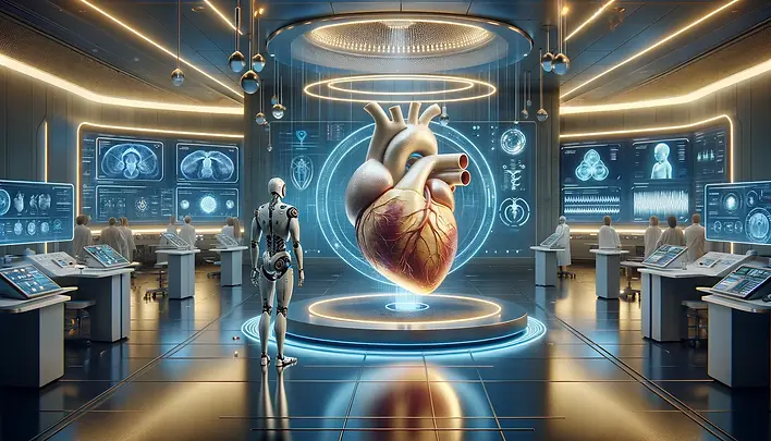 A futrisitc lab in Tomatopia where a heart is being analyzed by a Tomato Mate from Tomato Automate.