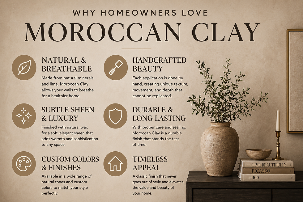 Benefits of Moroccan clay walls, featuring natural texture, breathable materials, timeless beauty, eco-friendly finishes, and