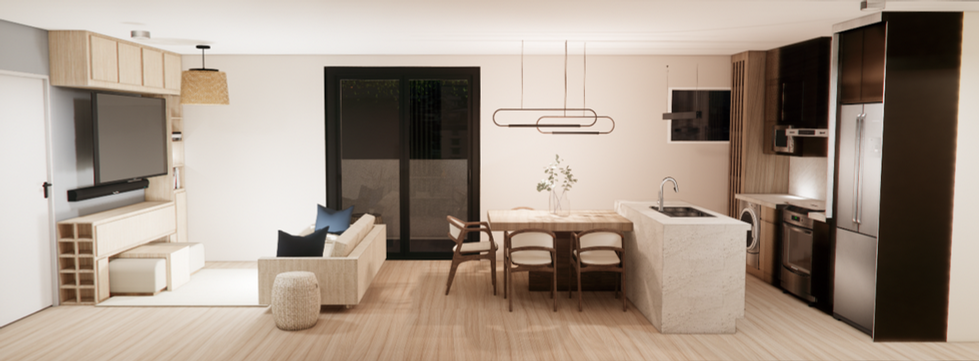 View of living space, dining, and kitchen.