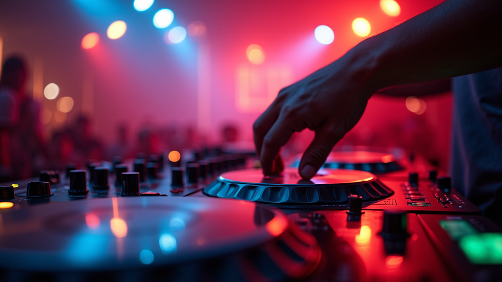 Eye-level view of a DJ mixing tracks in a vibrant club setting