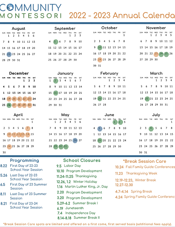 Calendar & Daily Schedule | Community Montessori Columbus