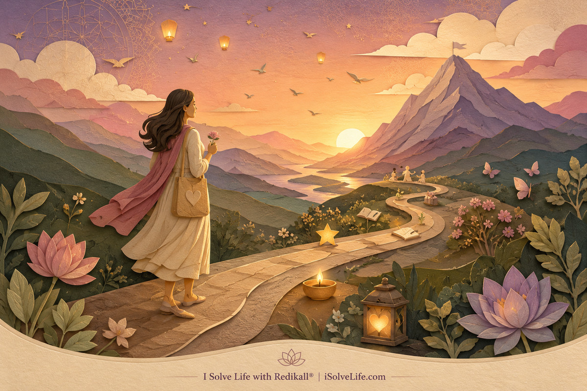 Woman peacefully celebrating life's small blessings at sunset in a layered papercut spiritual illustration.