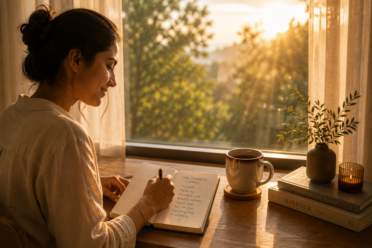 A person writing in a gratitude journal near a sunlit window in a calm and peaceful home.