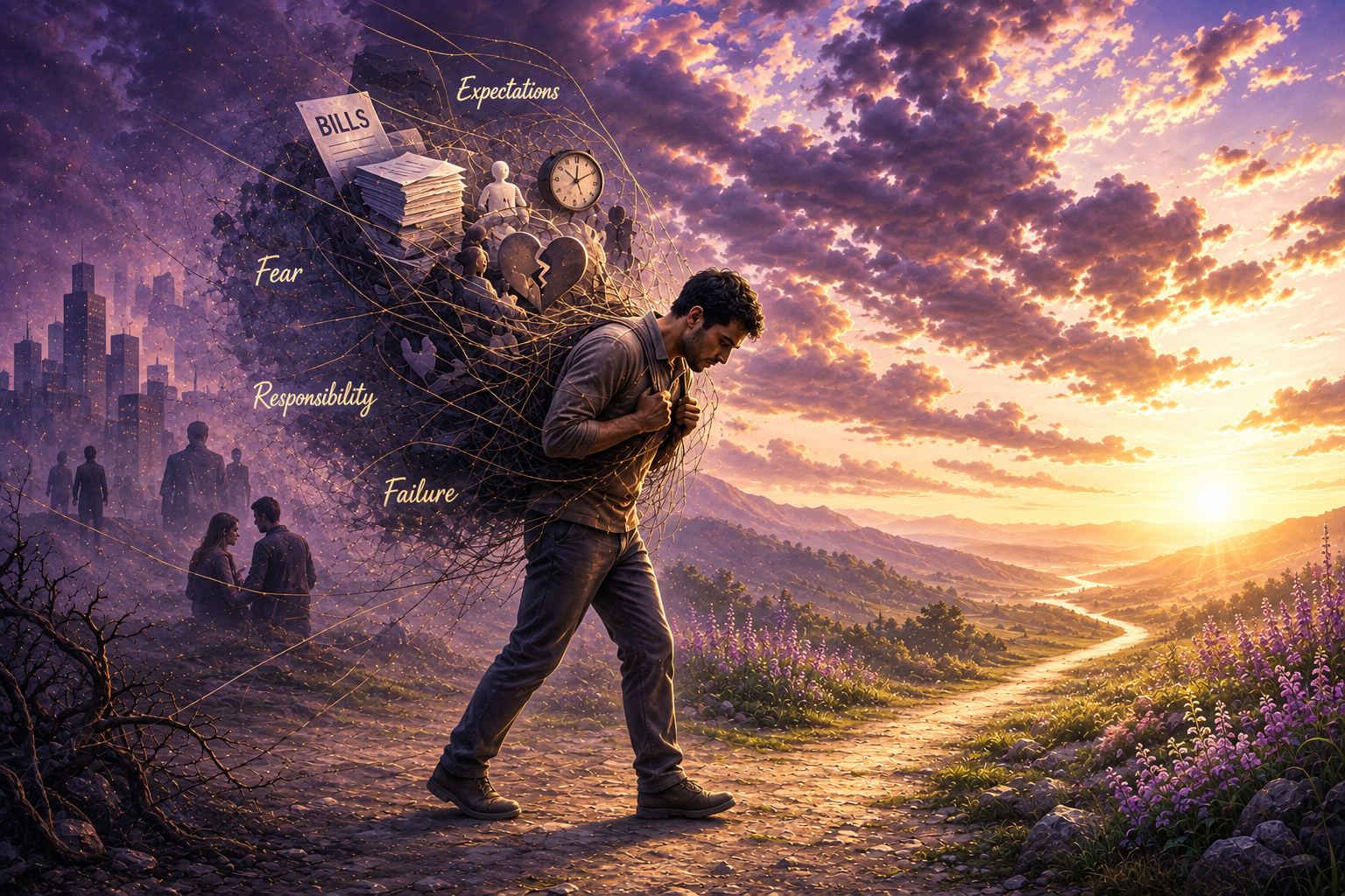 A man carrying tangled symbolic burdens representing fear, responsibility, expectations and failure while walking toward a brighter horizon.