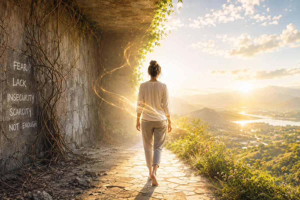 Woman walking from a dark restrictive space into a bright landscape symbolizing the release of subconscious money blocks and greater prosperity.