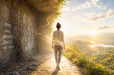 Woman walking from a dark restrictive space into a bright landscape symbolizing the release of subconscious money blocks and greater prosperity.