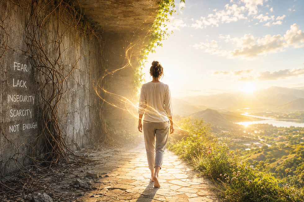 Woman walking from a dark restrictive space into a bright landscape symbolizing the release of subconscious money blocks and greater prosperity.