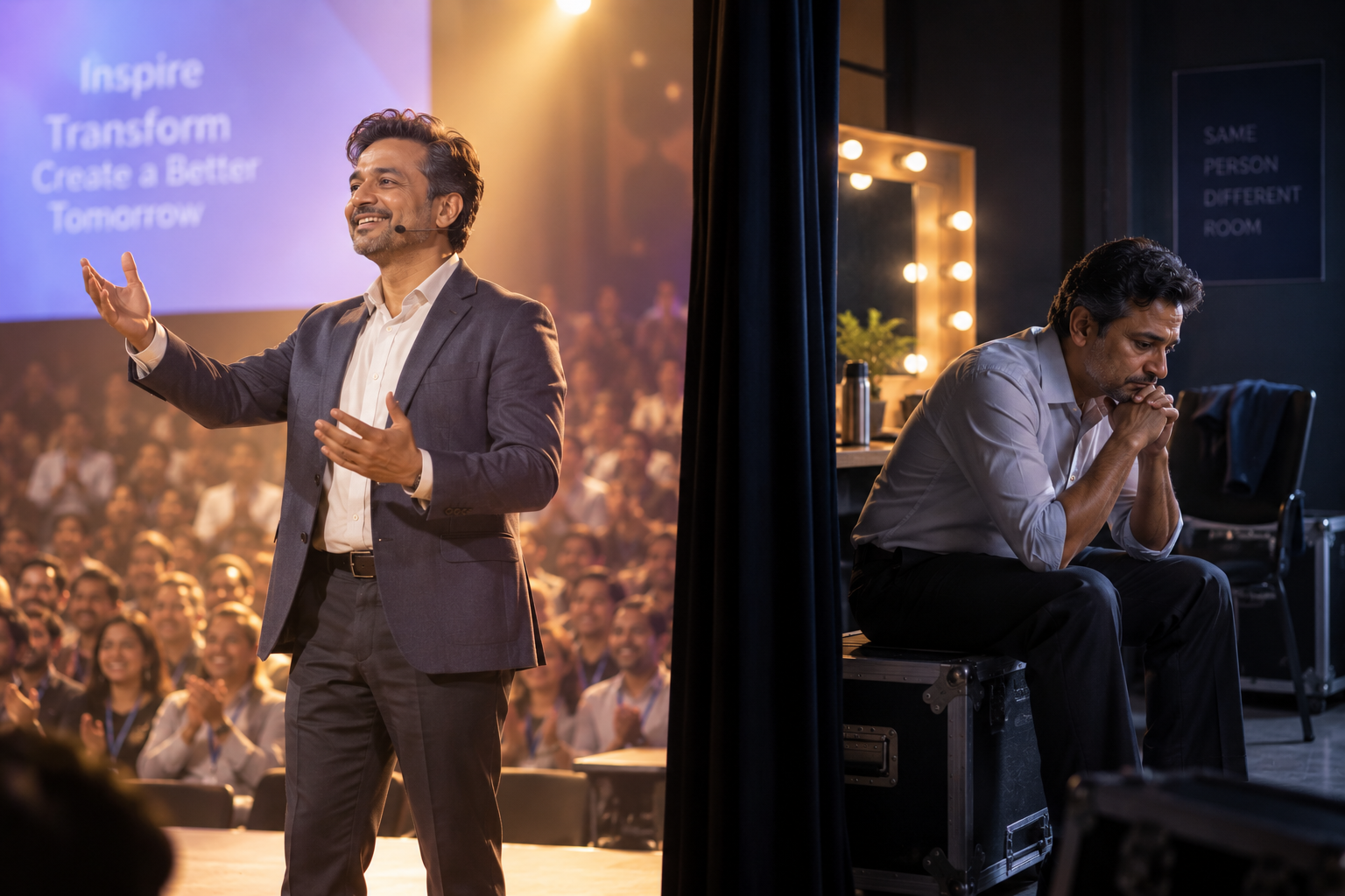A successful speaker performing before an applauding audience contrasted with his private loneliness backstage