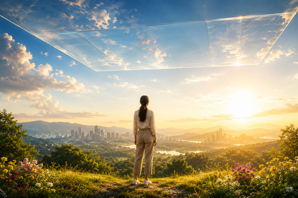 Person standing beneath an invisible glass ceiling representing subconscious limits to prosperity and personal growth.