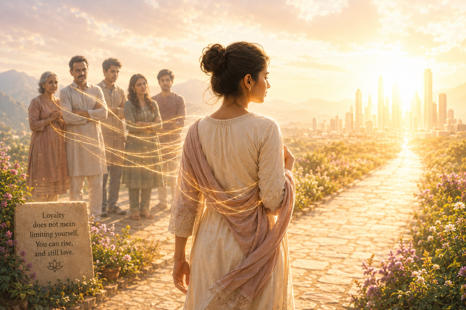 Woman hesitating to step into abundance while symbolic threads connect her to family members, representing financial guilt and family loyalty.