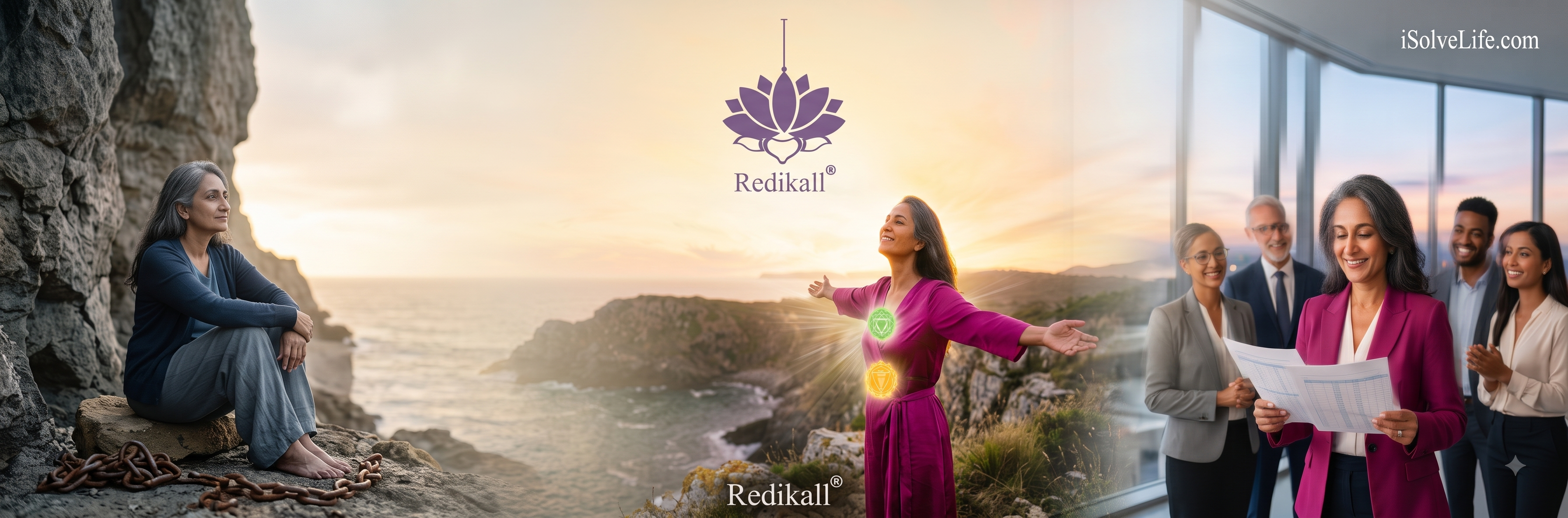 Panoramic banner showing an Indian woman’s transformative journey: from sitting bound in grief on a dark cliff, to standing in self-realization at sunrise with glowing heart and solar plexus chakras beneath the Redikall logo, to confidently leading a meeting in a modern office.