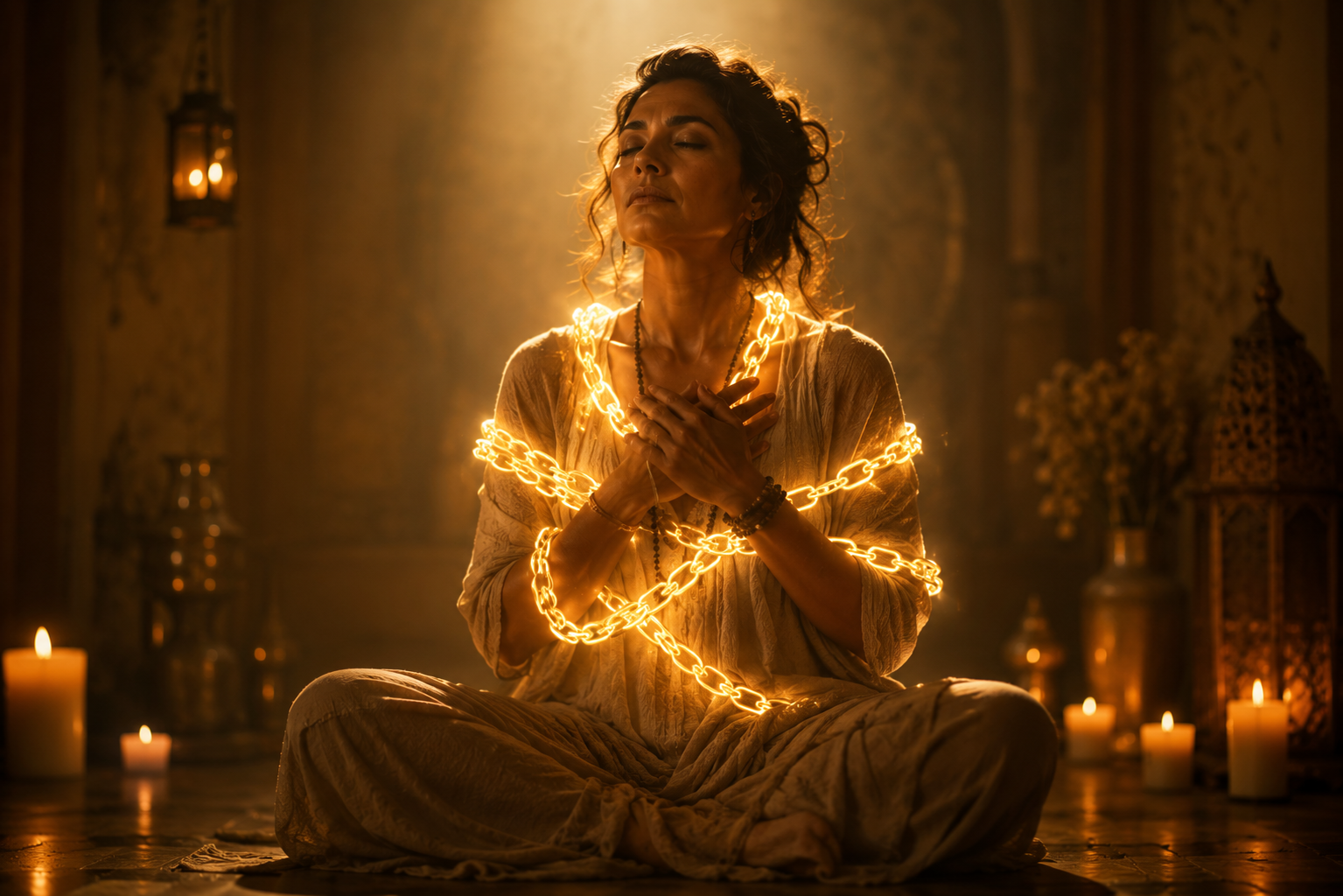 Woman meditating with glowing chains of light wrapped around her in a candlelit spiritual setting.