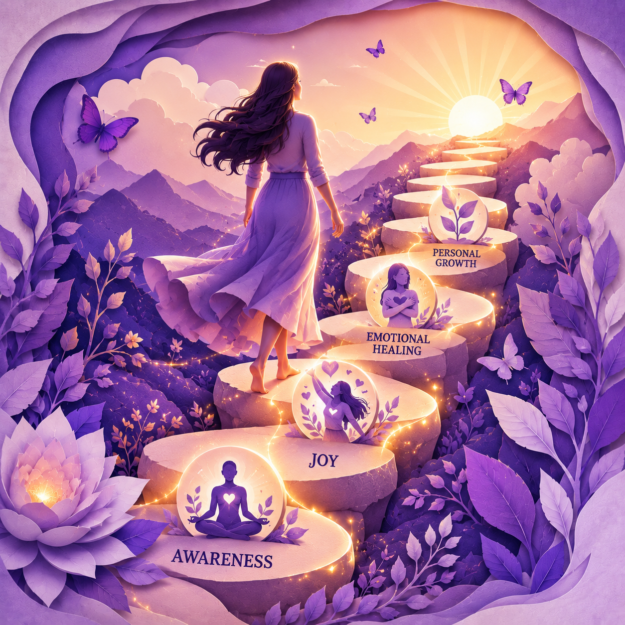 Woman walking toward the sunrise on a glowing path symbolizing awareness, emotional healing, personal growth and the journey toward wellbeing.