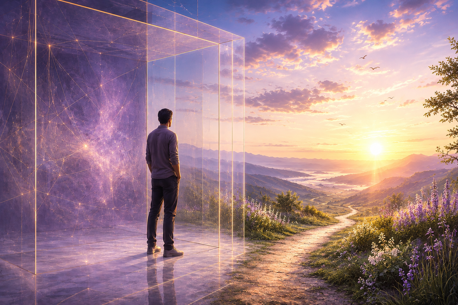 A man standing inside a translucent enclosure looking toward a sunlit landscape, symbolising feeling stuck and the possibility of transformation.