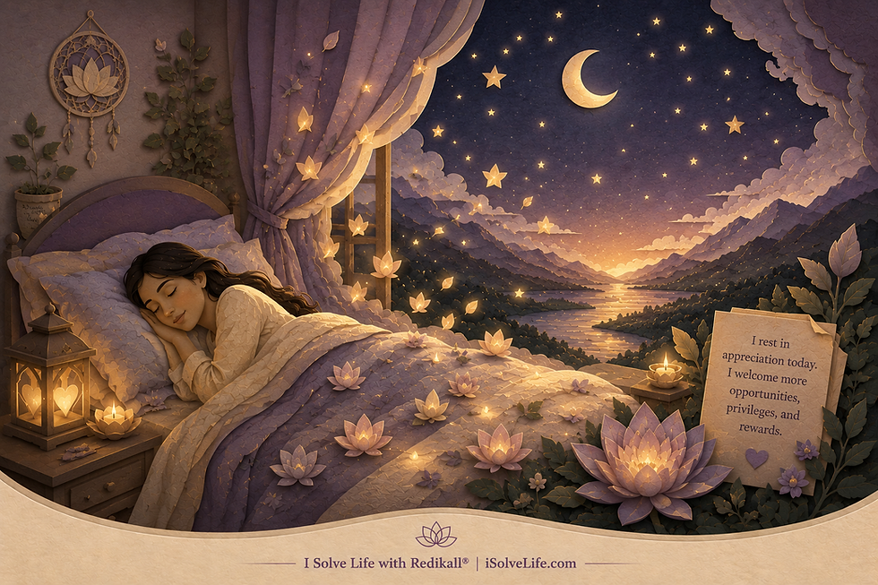 Resting peacefully with gratitude and quiet celebration before sleep.