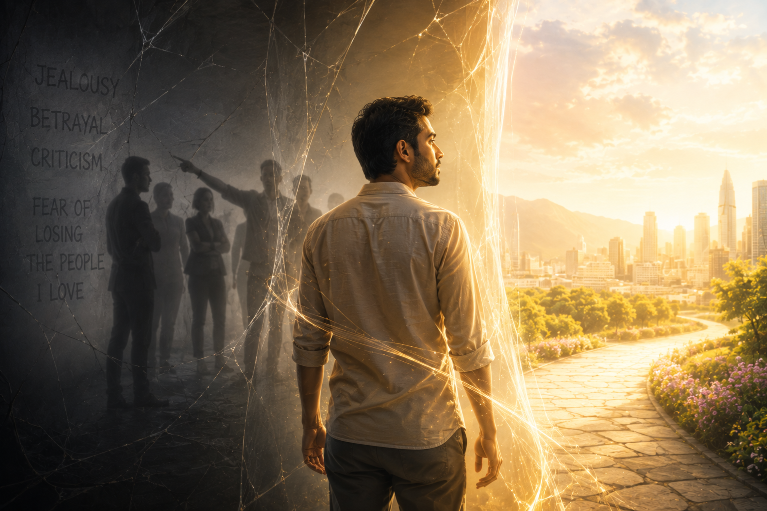 Man caught between fear of jealousy and betrayal and a bright path representing prosperity and opportunity.