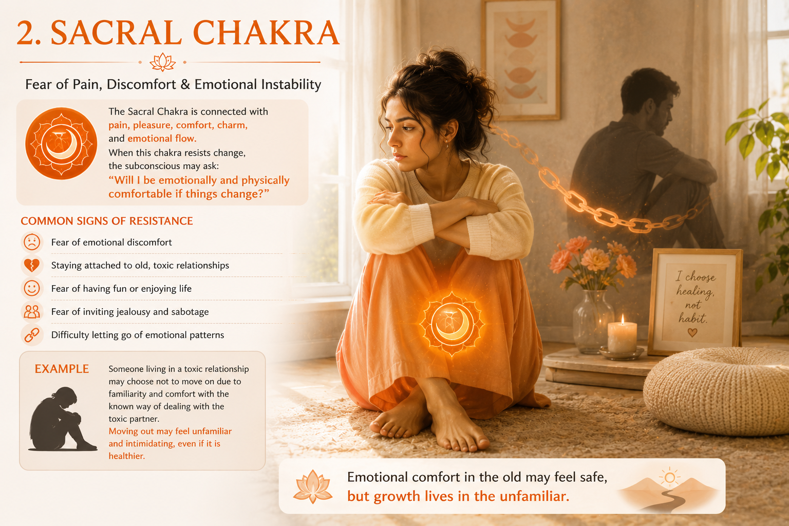 Emotional spiritual artwork of a woman sitting in a dimly lit room emotionally attached to a toxic relationship symbolized by fading chains made of light. Orange sacral chakra softly glowing. Themes of attachment, emotional comfort, fear of loneliness, and healing. Warm orange hues, cinematic emotional realism.