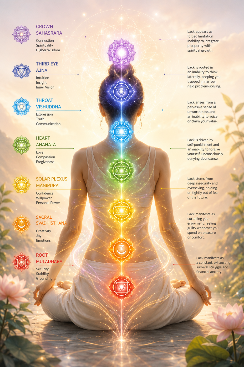 Seven-chakra energy system showing different perspectives on lack, including survival anxiety, guilt, insecurity, self-worth, rigid thinking and spiritual limitation.