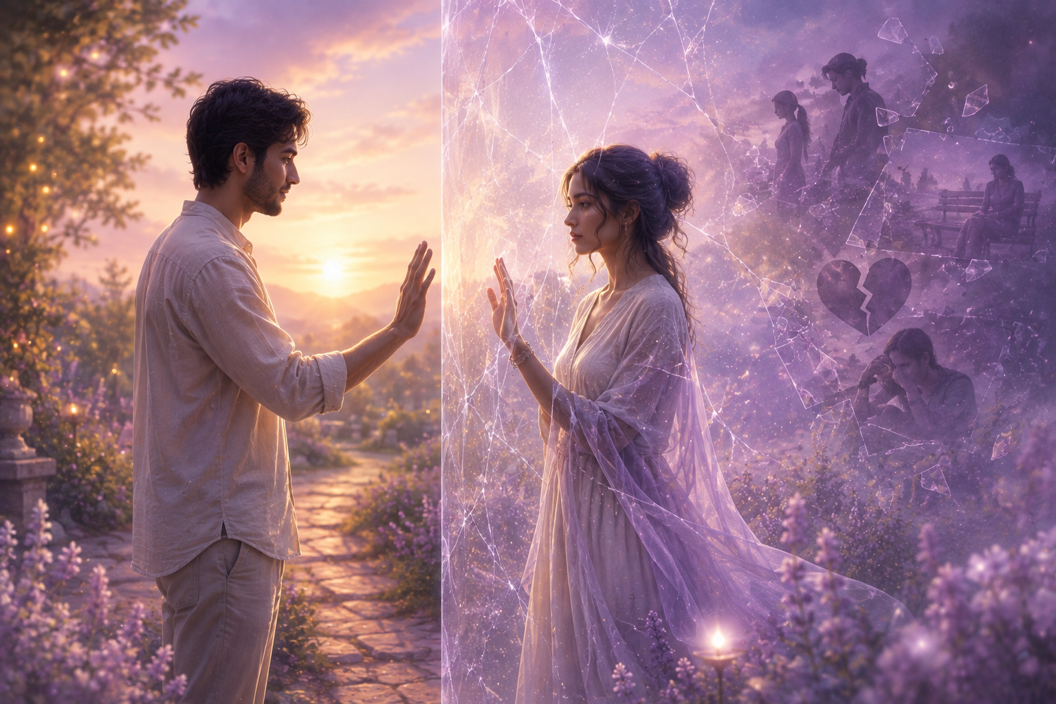 Two people reaching toward each other through an invisible cracked glass barrier representing fear of emotional intimacy.