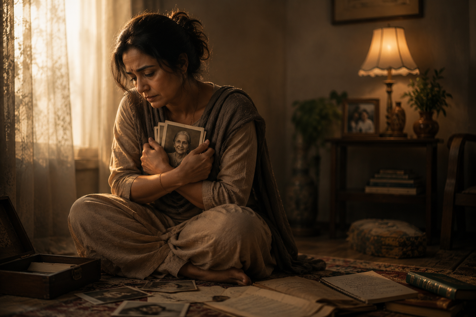 A woman sits on the floor by a softly-lit window, clutching cherished photographs with a pensive expression. Surrounded by scattered photos and letters, she reflects on memories of a loved one in a moment of remembrance and longing.