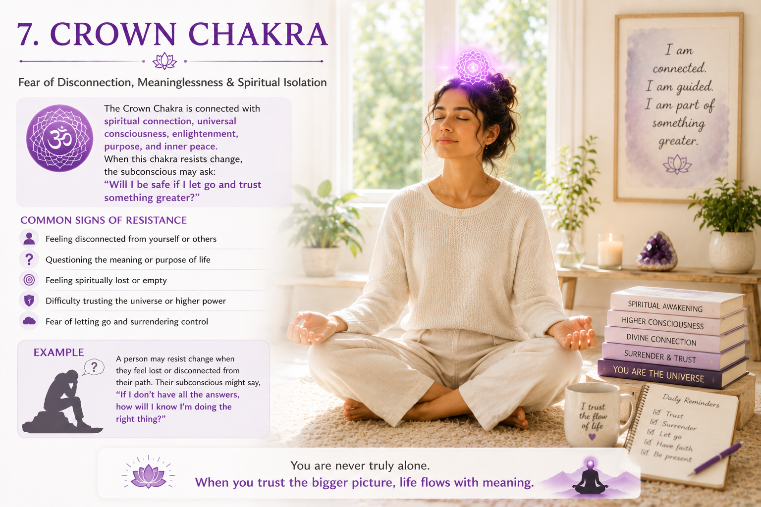 Spiritual portrait of a person standing beneath a cosmic sky with soft violet and white crown chakra energy flowing downward. Expression of surrender, trust, and connection with higher consciousness. Minimal sacred symbolism, peaceful atmosphere, realistic spiritual photography style.