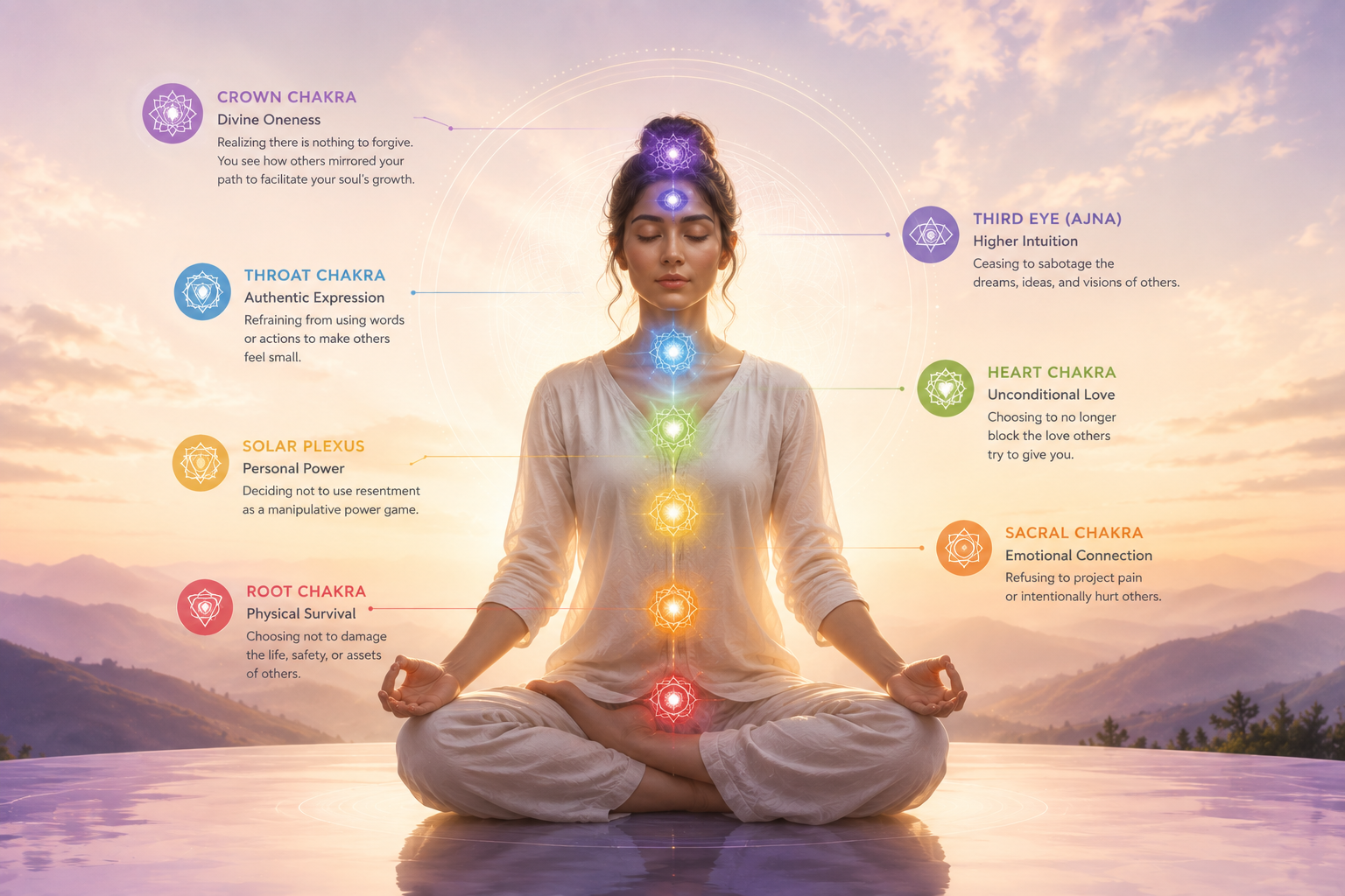 Seven chakras representing different levels of consciousness and forgiveness