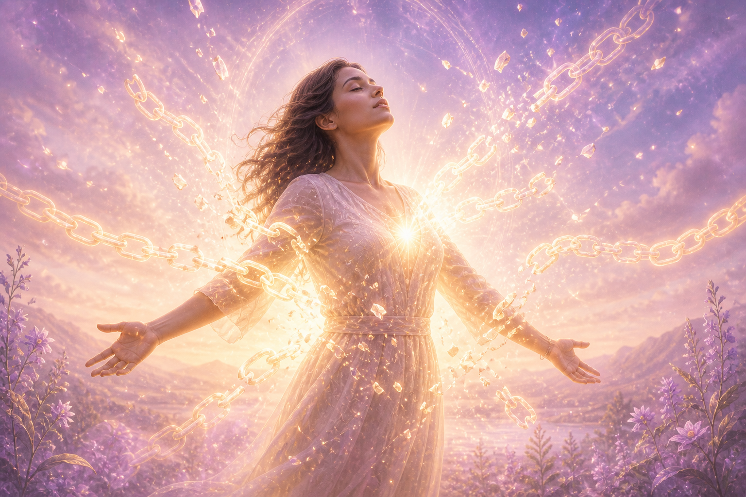 Person releasing glowing chains made of light, symbolizing breaking unconscious vows and emotional bindings