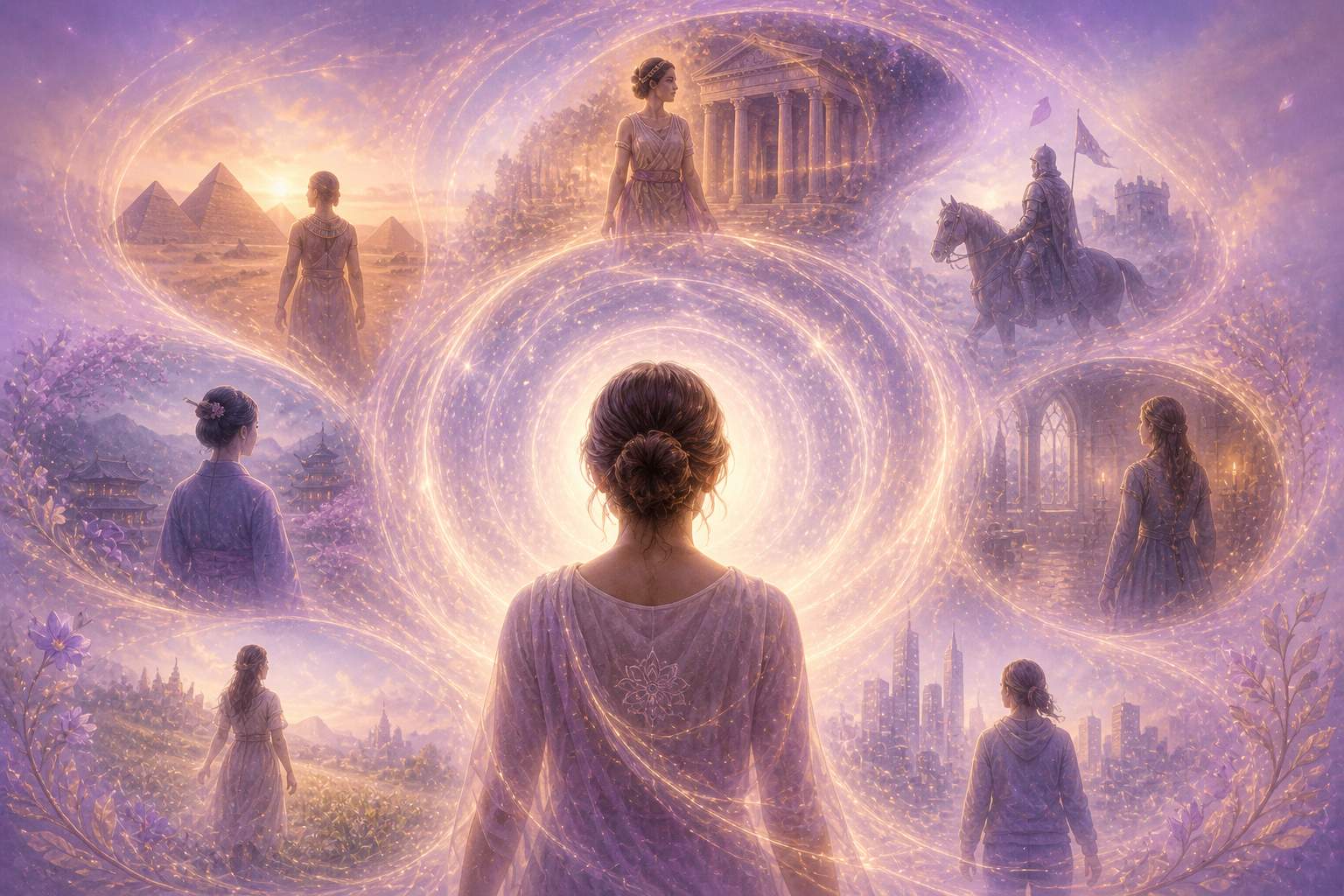 Human figure surrounded by multiple timelines and ancient scenes, representing past-life karmic influences and unresolved experiences