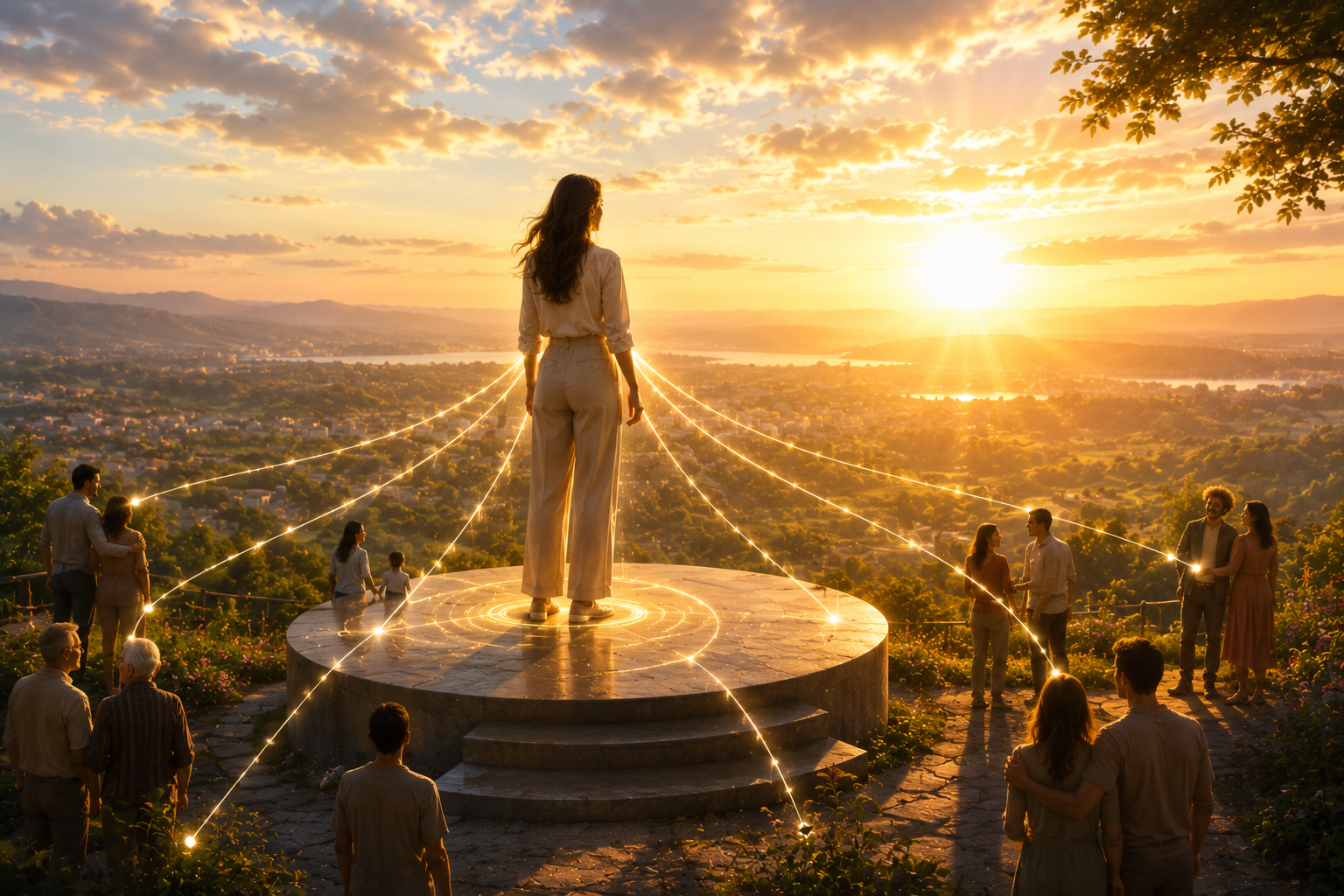 Person connected to family and community through glowing threads while standing in a place of growth and prosperity.