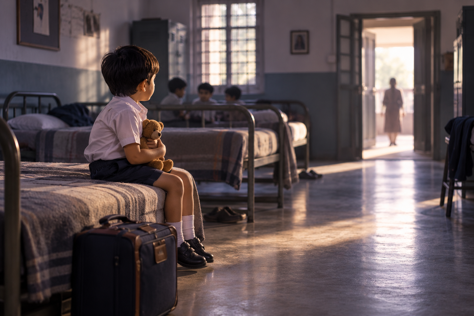 A young boy sitting alone in a boarding-school dormitory, symbolizing childhood abandonment and loneliness