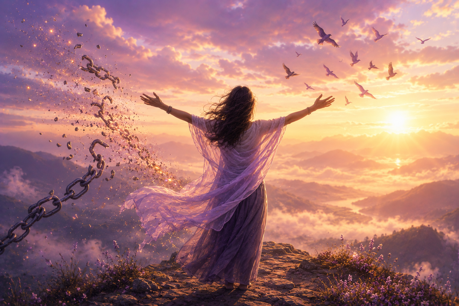 Person standing on a mountain at sunrise with arms open as broken chains dissolve into light, symbolizing emotional freedom and personal transformation.