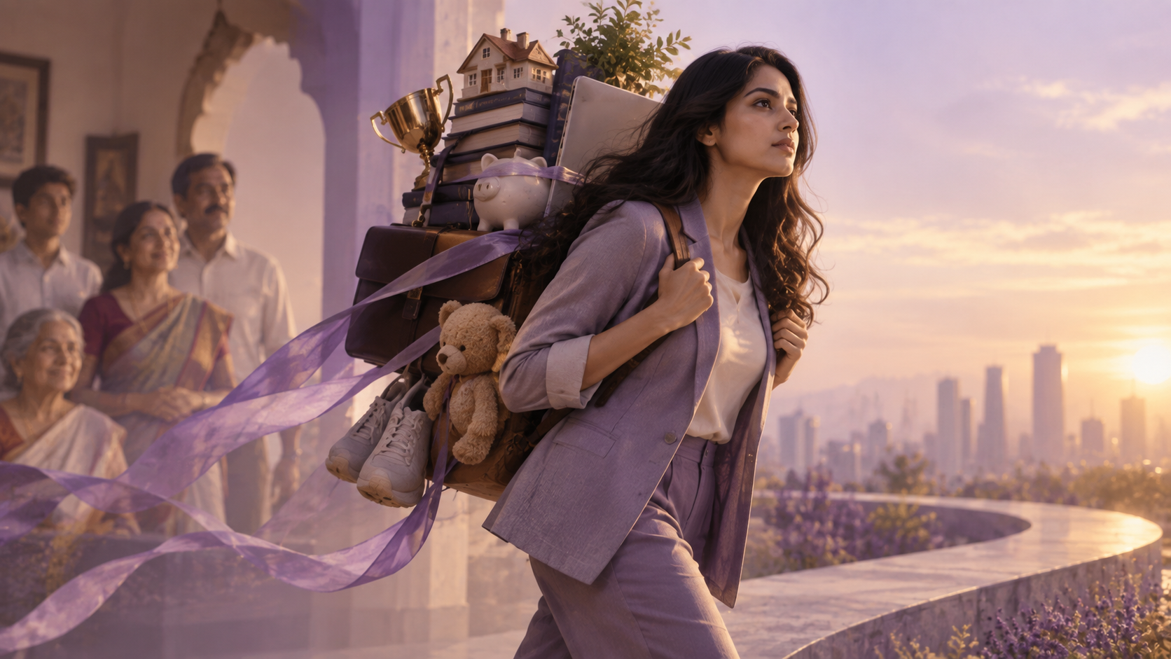 A determined young Indian woman walks toward a glowing city carrying a heavy bundle representing career ambition, family responsibility, financial expectations, and childhood burdens, while family members appear softly in the background.