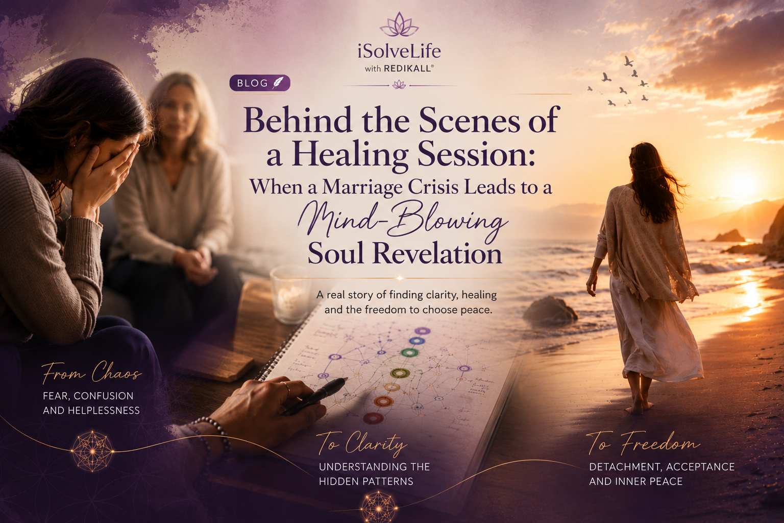 Hero banner illustrating a healing journey from marriage crisis to inner peace through relationship counselling, spiritual insight, and self-acceptance.