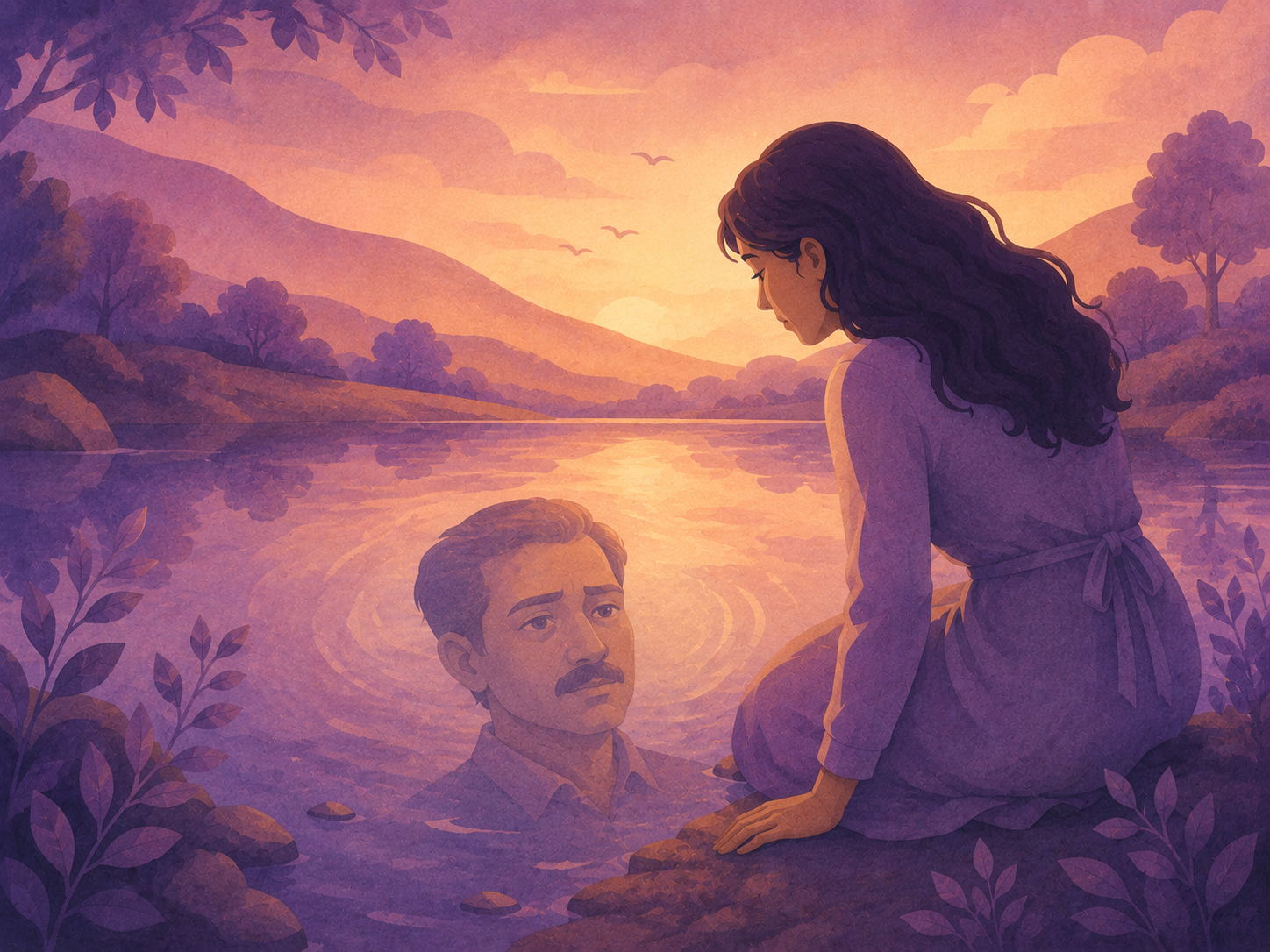 A woman gazes into a peaceful lake where she sees her father's reflection instead of her own.