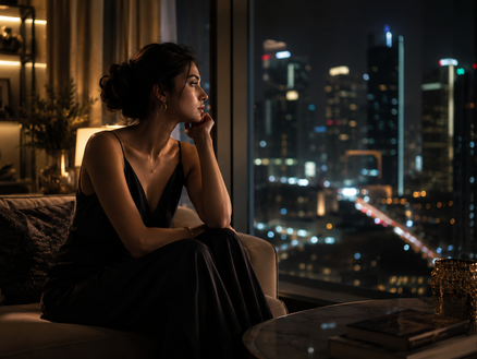 A beautiful, successful woman sitting alone in a luxurious modern apartment at night, city lights glowing outside the window, dressed elegantly but emotionally distant, staring thoughtfully into space with a subtle expression of loneliness, cinematic lighting, emotional realism, soft warm and blue tones, premium editorial photography style, deeply introspective mood.