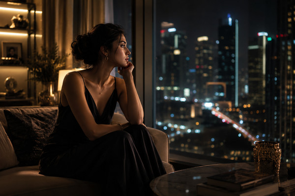 A beautiful, successful woman sitting alone in a luxurious modern apartment at night, city lights glowing outside the window, dressed elegantly but emotionally distant, staring thoughtfully into space with a subtle expression of loneliness, cinematic lighting, emotional realism, soft warm and blue tones, premium editorial photography style, deeply introspective mood.