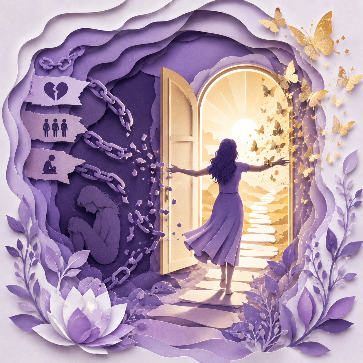 Person walking toward a doorway filled with light while chains of fear, rejection and past pain dissolve into butterflies symbolizing emotional freedom.