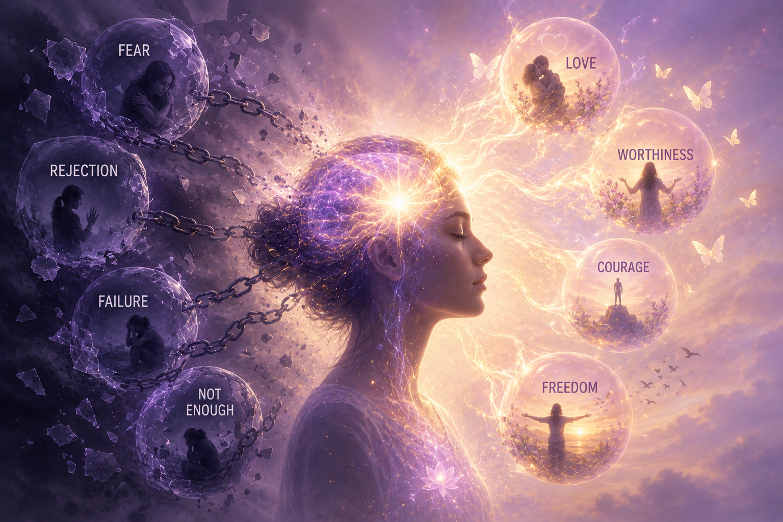 Conceptual illustration of limiting beliefs such as fear, rejection, and failure transforming into courage, freedom, and self-worth.
