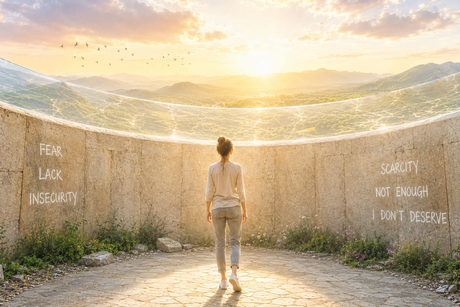 Woman standing beneath a transparent barrier representing subconscious beliefs about fear, lack, insecurity and scarcity.