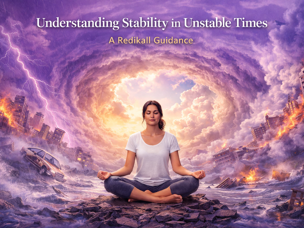 Lady siting and immersing herself in Redikall Consciousness understanding stability in unstable times